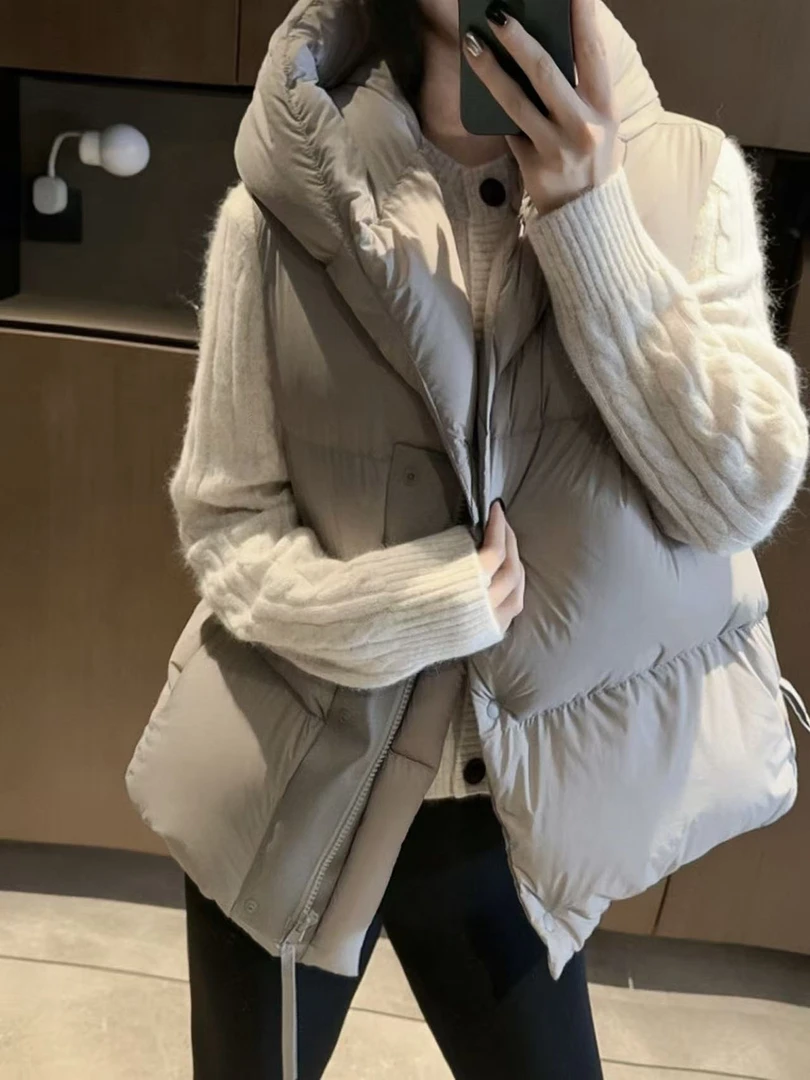 方块泡芙蓬蓬感鹅绒斜门襟马甲 连帽加绒加厚休闲百搭I7864