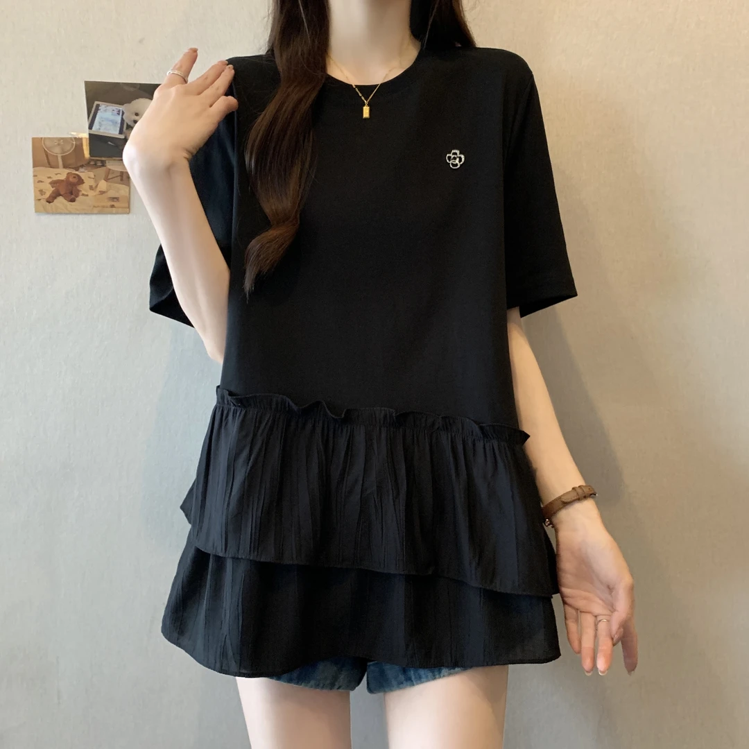 法式荷叶边拼接小香风短袖T恤女夏季大码胖mm宽松遮肚娃娃衫上衣