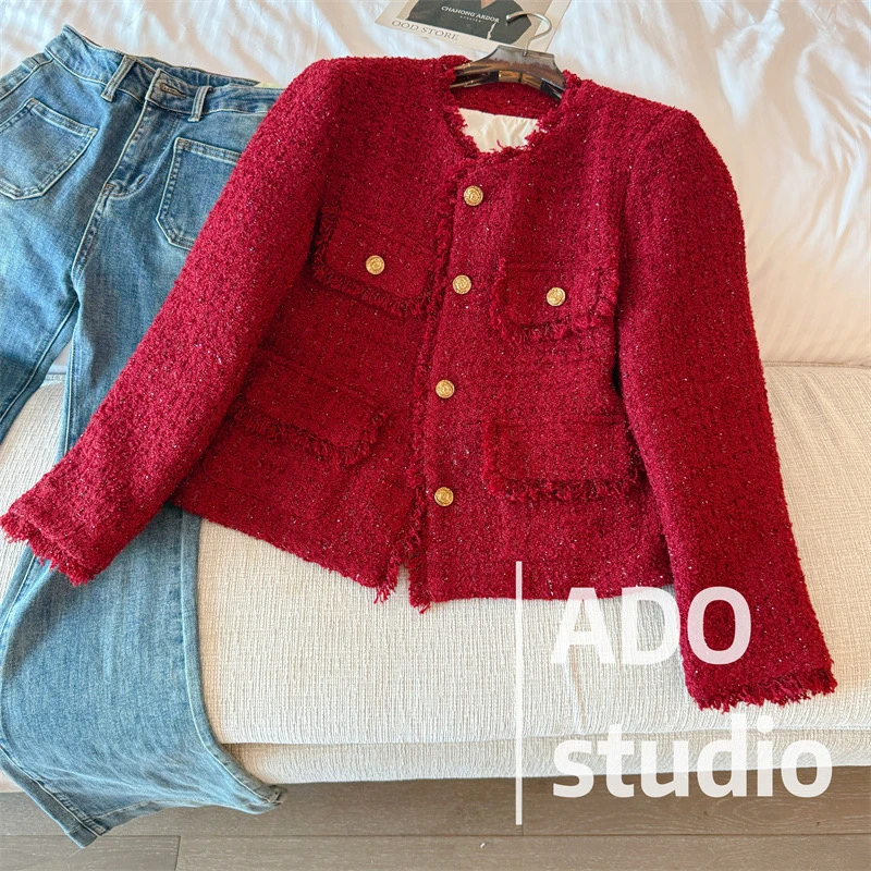 新年红小香风外套羽绒气质小个子长袖红色名媛粗花呢时尚百搭