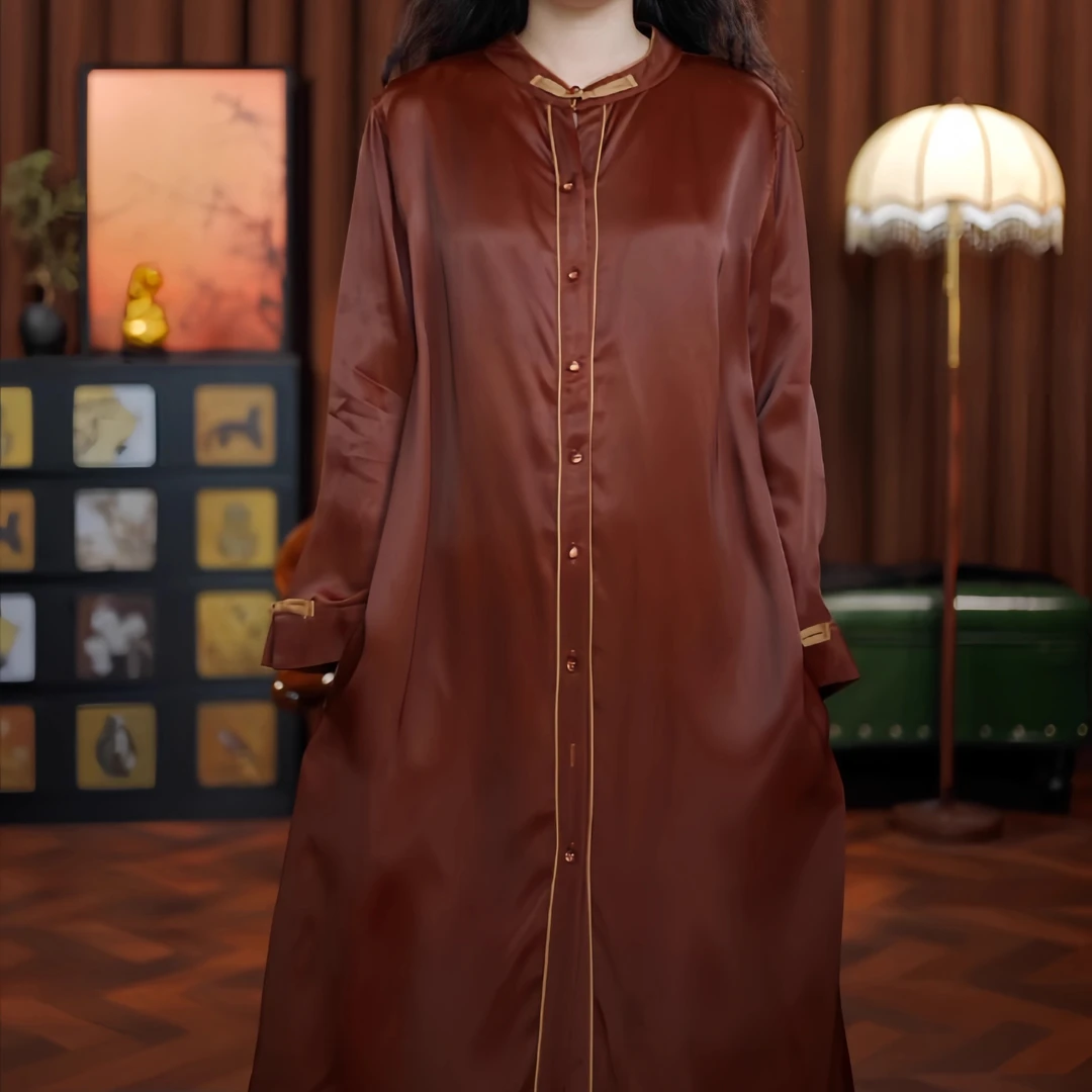 美不胜收（红色）女装新款复古大气质长款重磅重锻开衫风衣