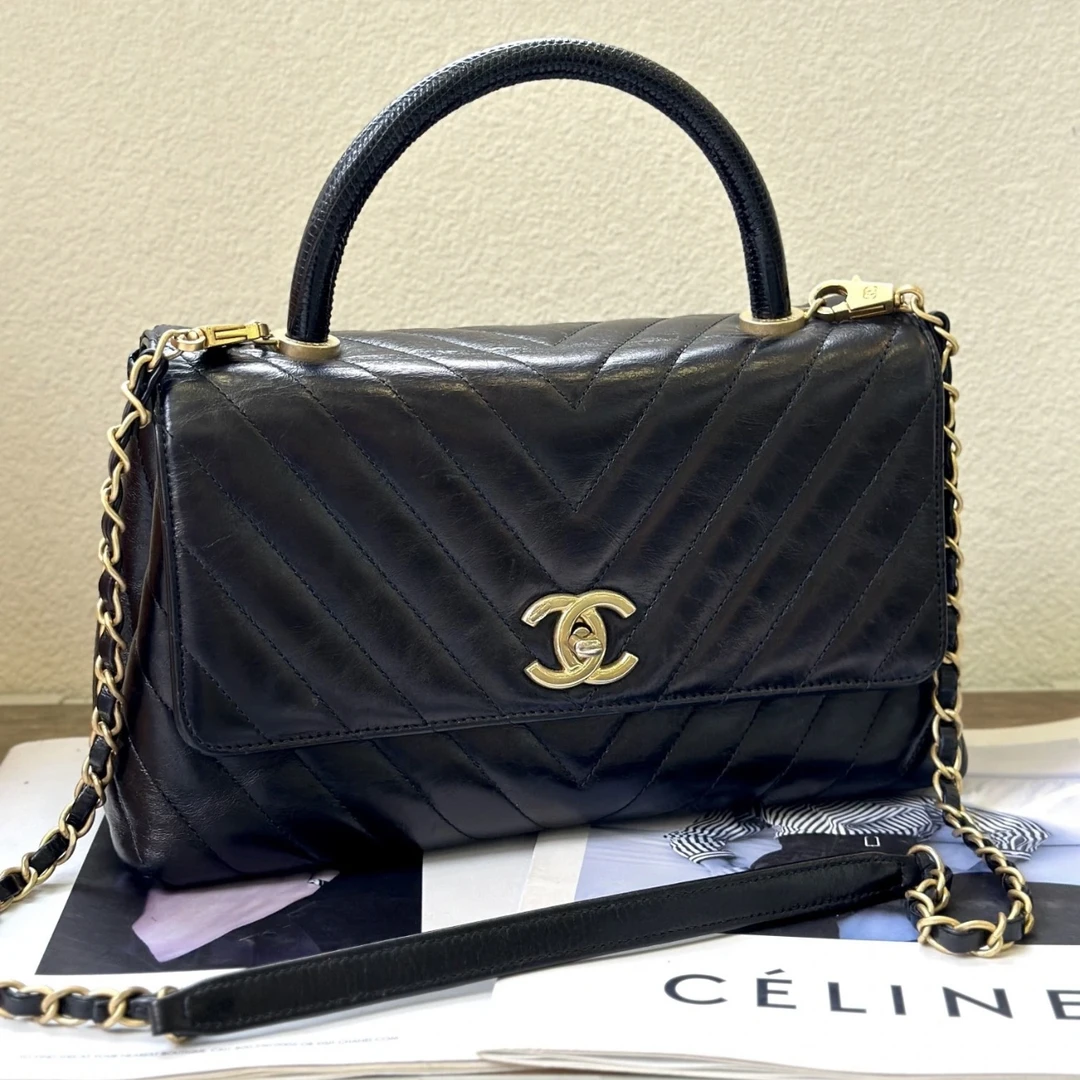 95新 Chanel/香奈儿 艾瑟尔奢品/黑金v纹coco handle/0160
