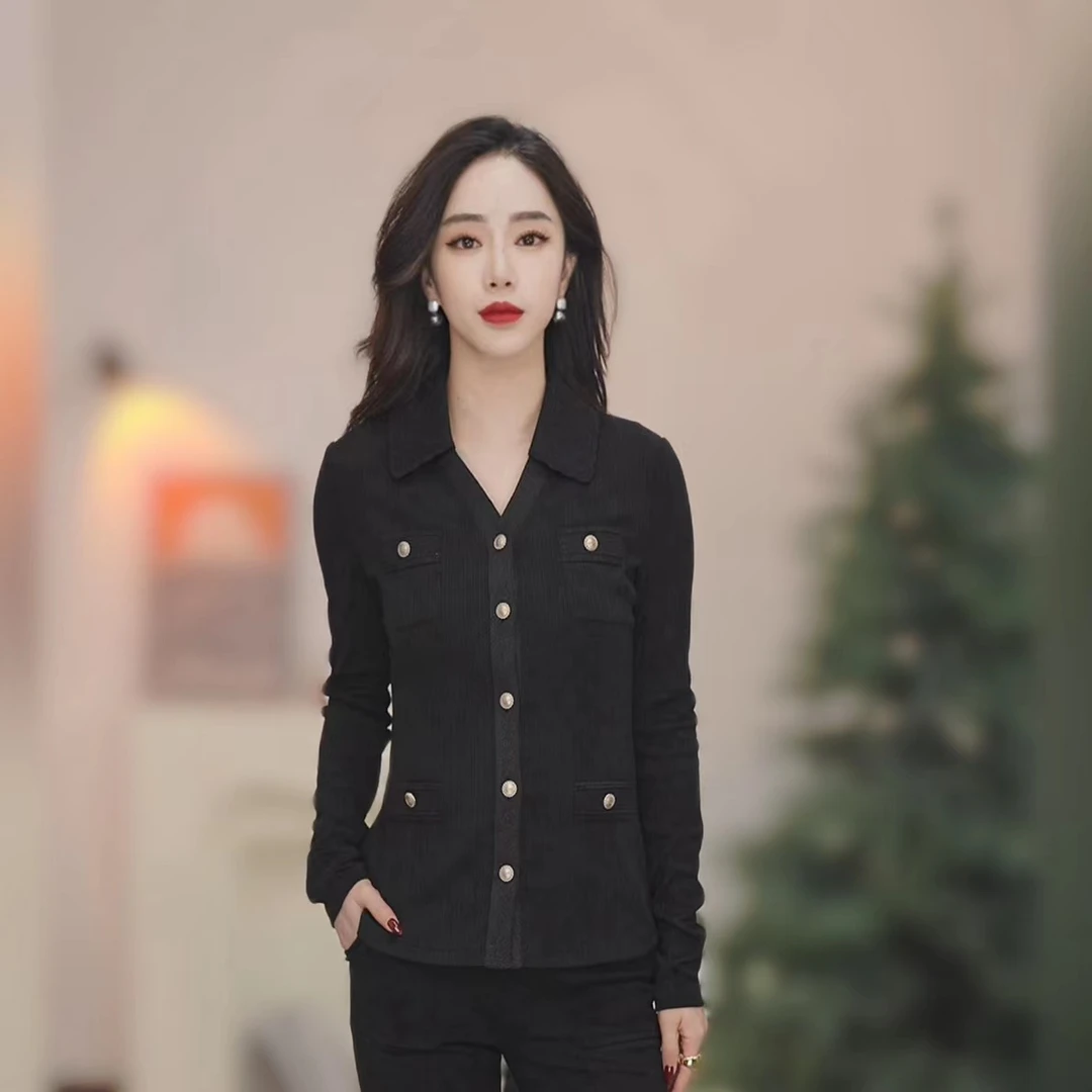 哥弟法式经典小香风修身显瘦翻领弹力欧若风衬衣女1300952黑衬衫