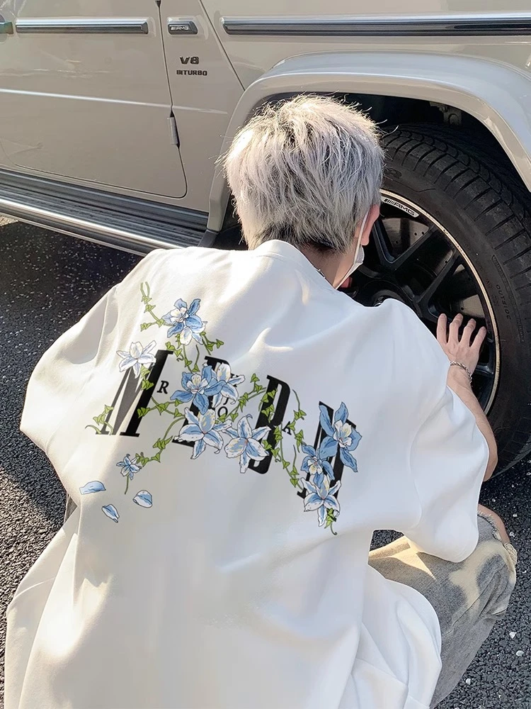 加肥加大码300斤藤蔓花卉印花短袖t恤男夏季美式高街宽松半袖上衣