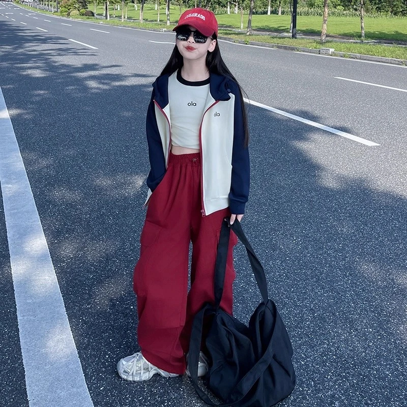 女童连帽卫衣套装2025秋季新款中大童休闲拼色外套女孩阔腿工装裤
