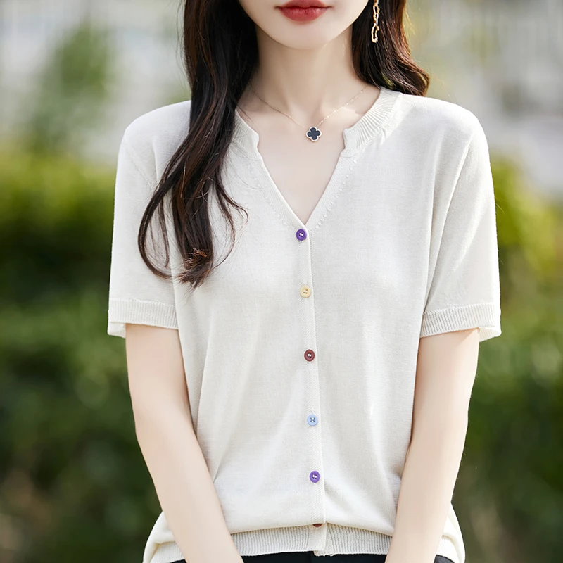 品牌2025夏季新款V领开衫针织短袖冰丝透气显瘦宽松时尚上衣T恤女