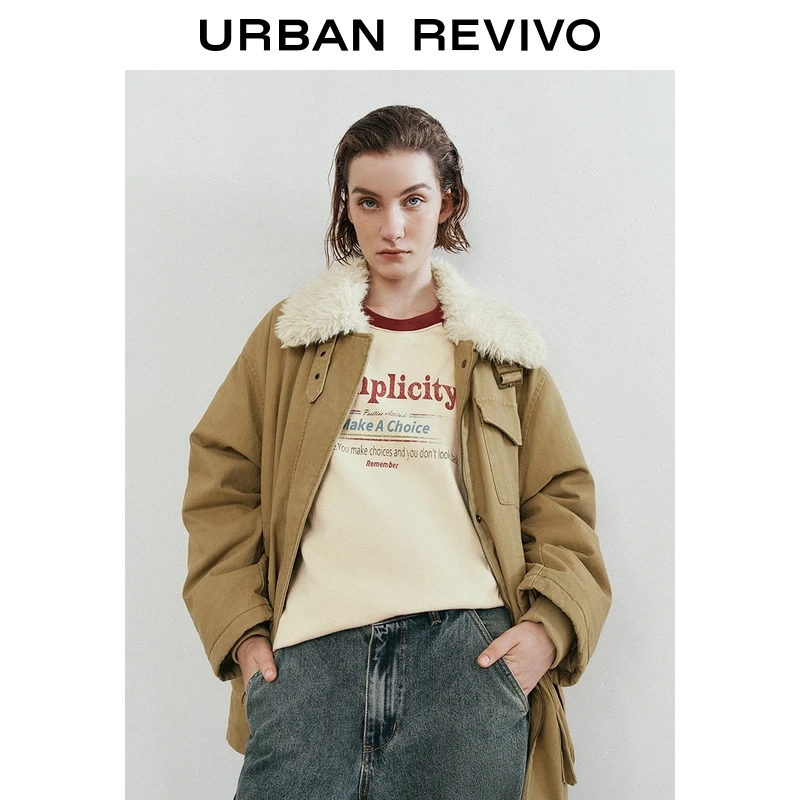 【HOT】UR2025冬季新款女装复古工装羊羔毛领羽绒服UYL150036