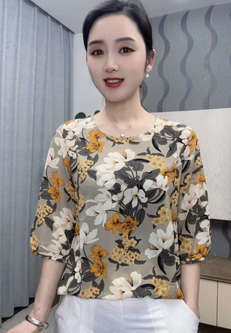 【玉兰花】2025新款圆领复古时尚气质百搭七分袖上衣小衫女士妈妈装