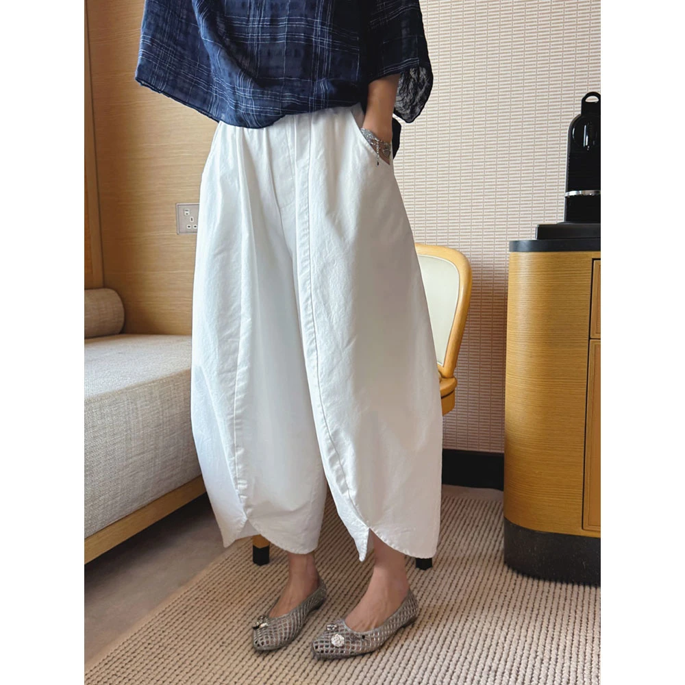 【MGDM】高密老钱轻薄立体白色花苞长裤v字脚口九分裤女夏XJM25250