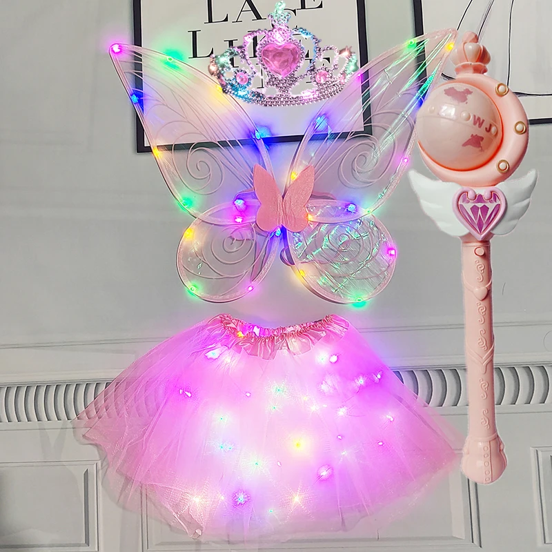 发光蝴蝶翅膀亮灯奇妙仙子背饰女孩魔法棒公主裙演出服小仙女翅膀