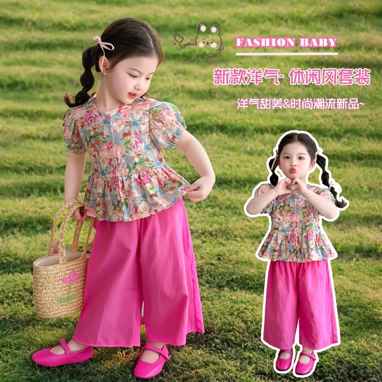 小女孩夏季新款套装韩版甜美油画泡泡袖娃娃衫阔腿裤两件套