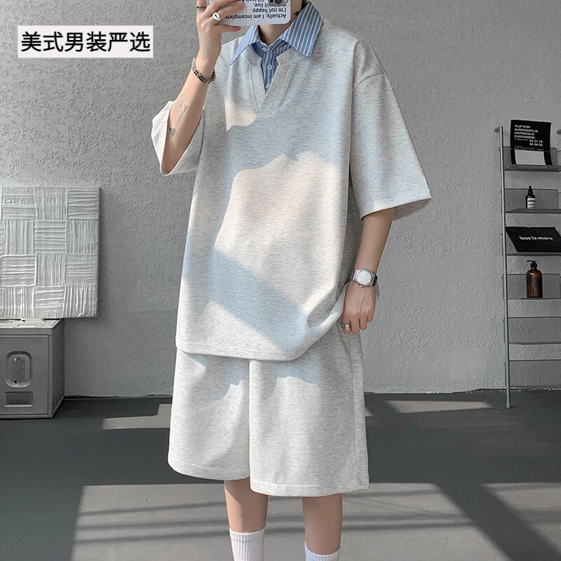 假两件衬衫领短袖套装男ins夏季加肥加大码潮胖人宽松T恤短裤一套