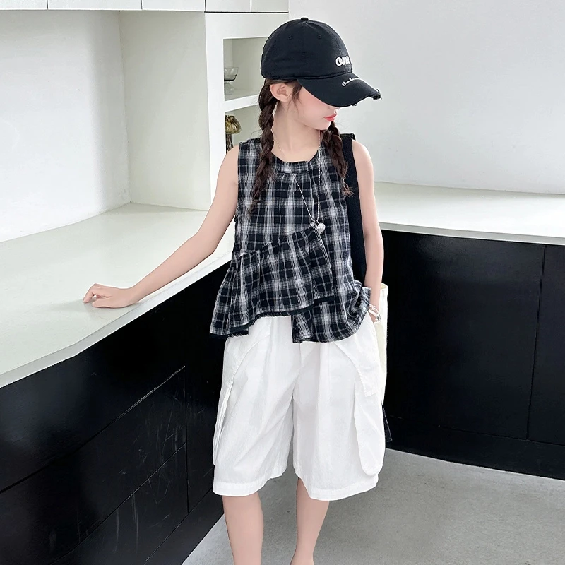 2025夏季新款女童中大童格子无袖工装短款韩版套装女大童休闲套装