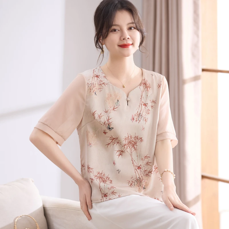 喜卉妈妈夏装洋气雪纺T恤小衫2025新款中老年女装夏季短袖上衣服