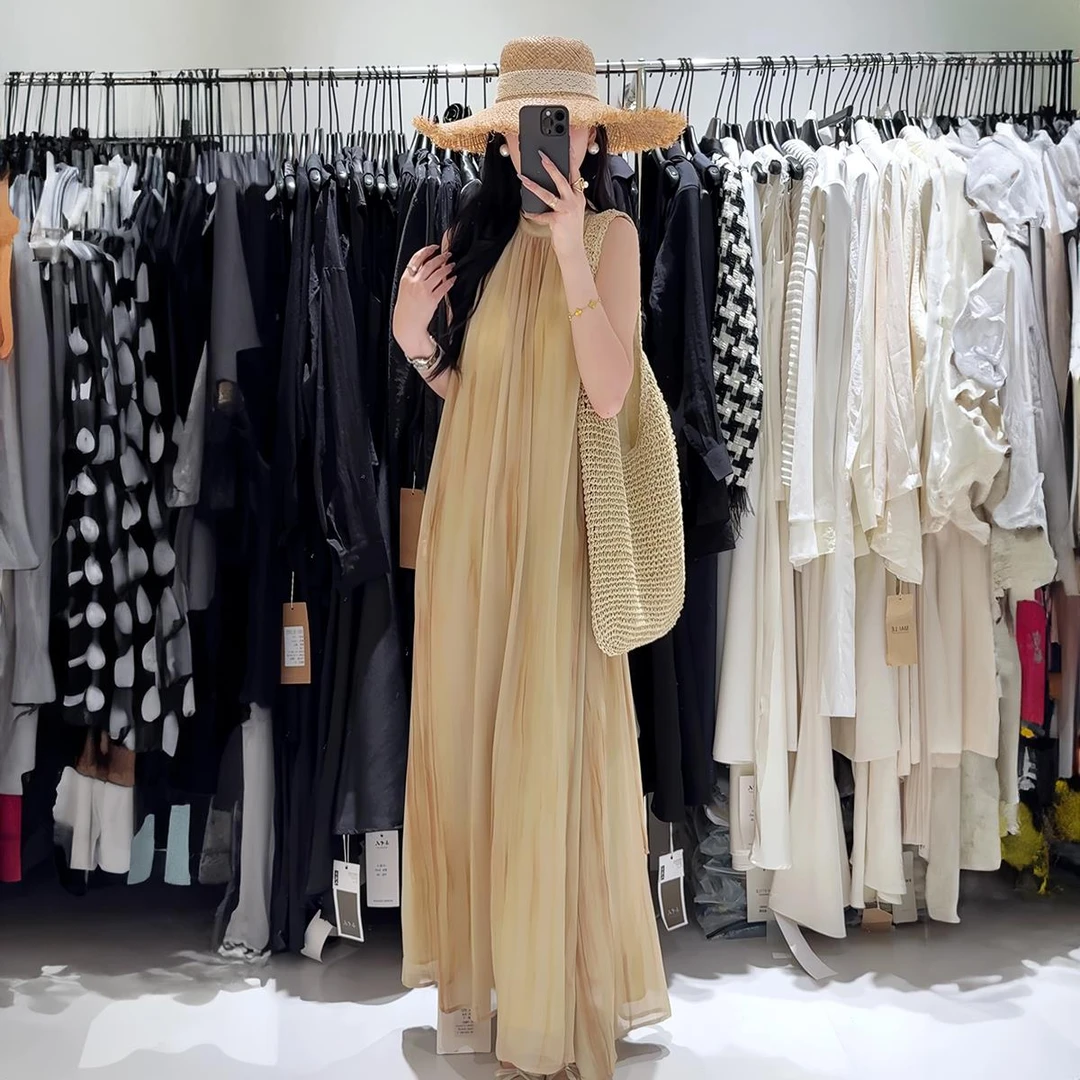 VOCKOO官方法式无袖背心飘逸连衣裙女夏季2025年新款宽松垂感网纱