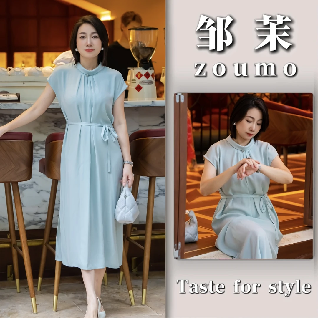 ZOUMO/邹茉【夏日清爽】法式文艺系带压褶蓝色短袖连衣裙A30L000269