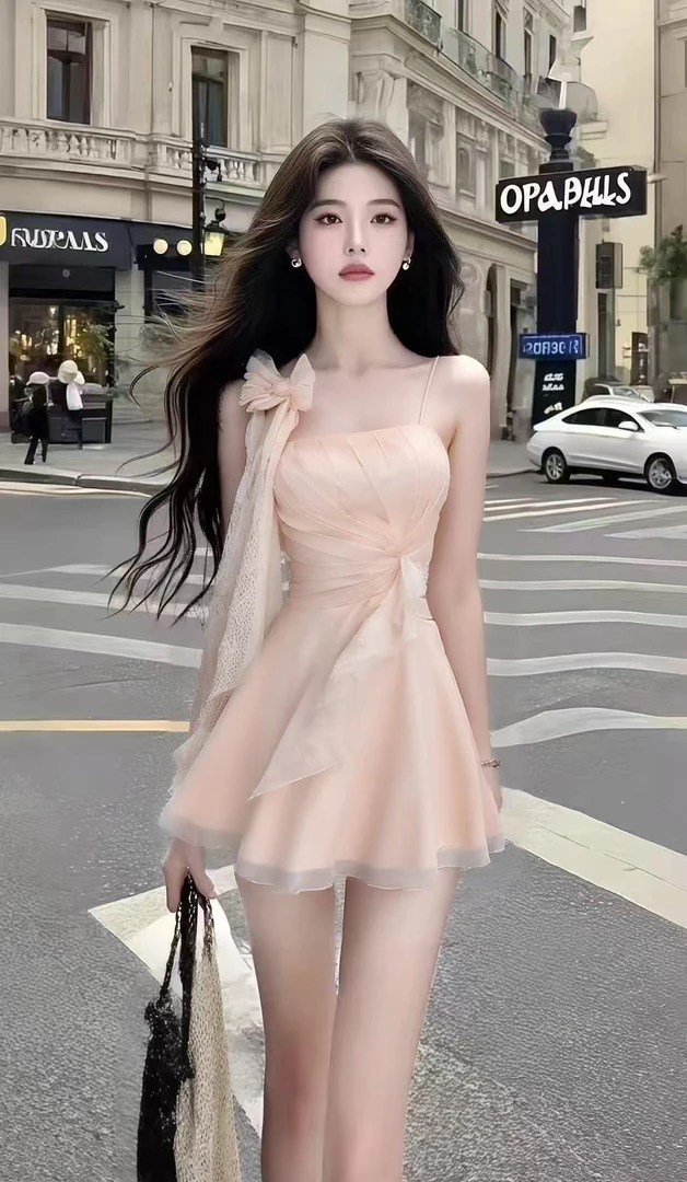 时尚氛围感甜美风少女感粉色一字肩吊带收腰设计感连衣裙气质短裙