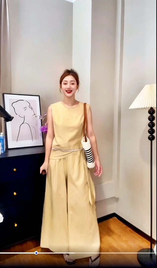 新款夏季亚麻老钱风时尚套装阔腿裤减龄背心高腰系带宽松休闲