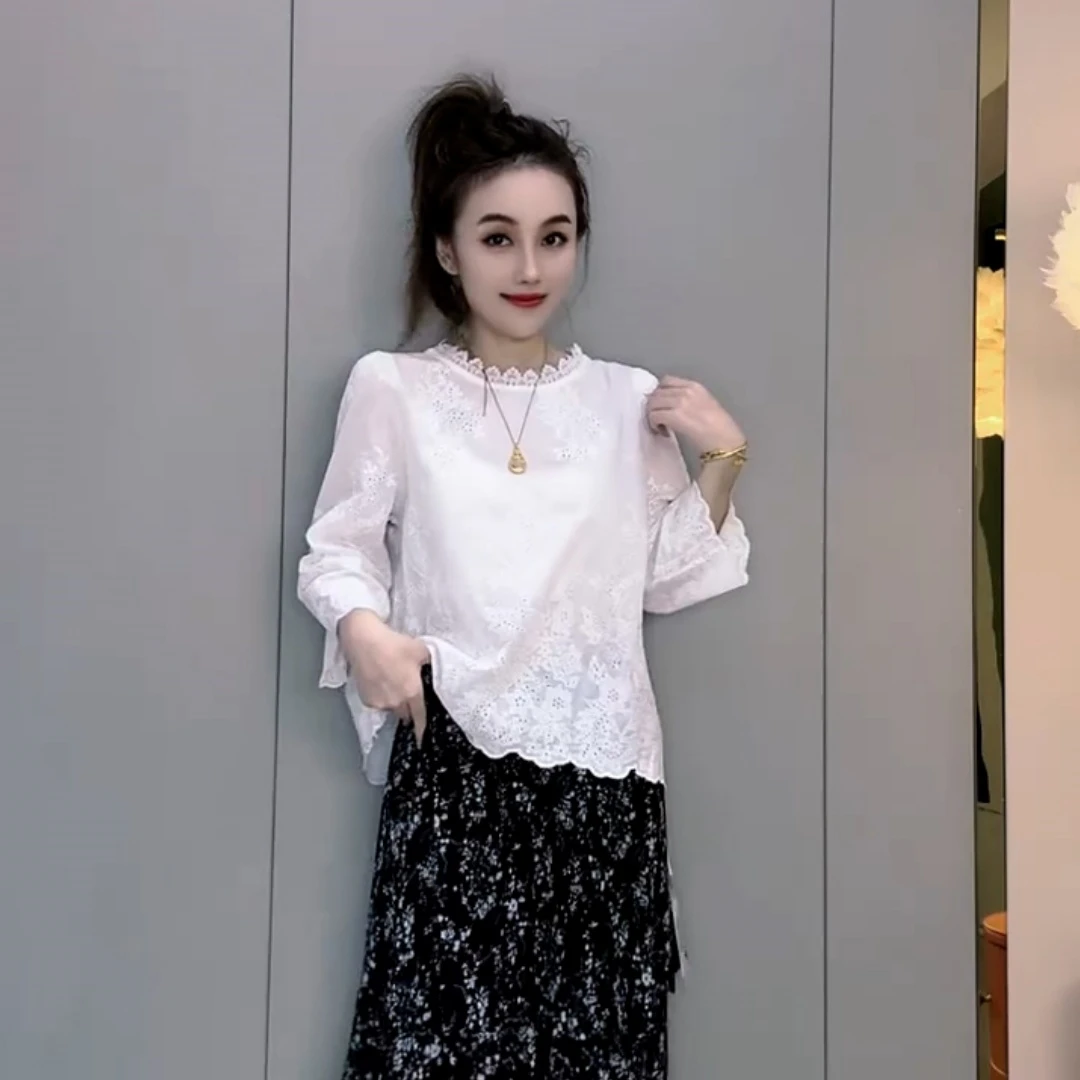 国风纯色七分袖法式上衣夏季花边领衬衫时尚百搭显瘦防晒露背上衣