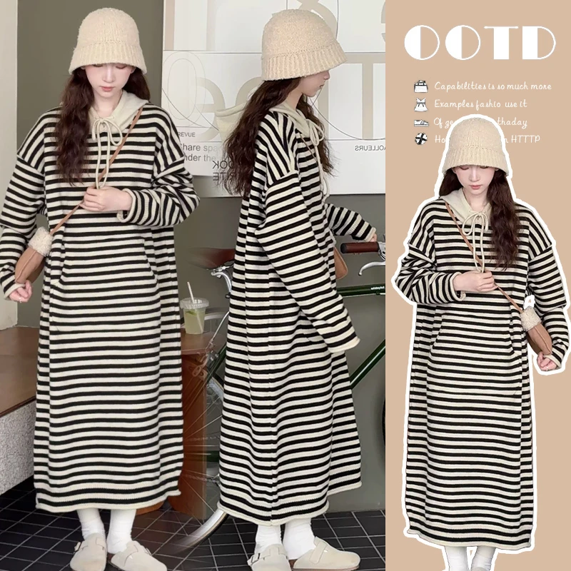 孕妇连衣裙2025秋冬针织打底毛衣高级设计连帽洋气中长款连衣裙子