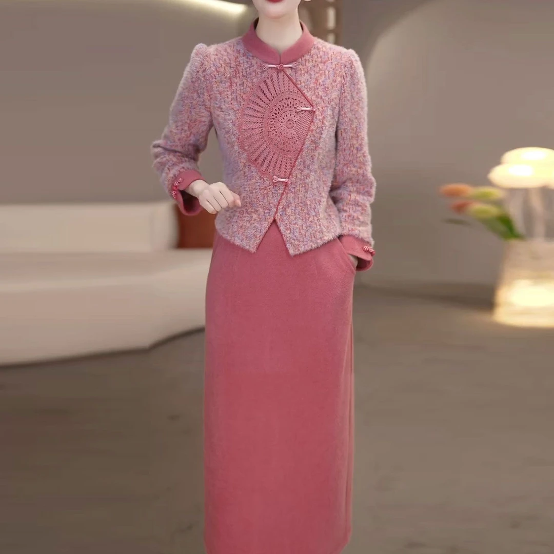 高级雪花绒洋气时髦优雅俩件套2025秋季新款中年妈妈修身显瘦套装