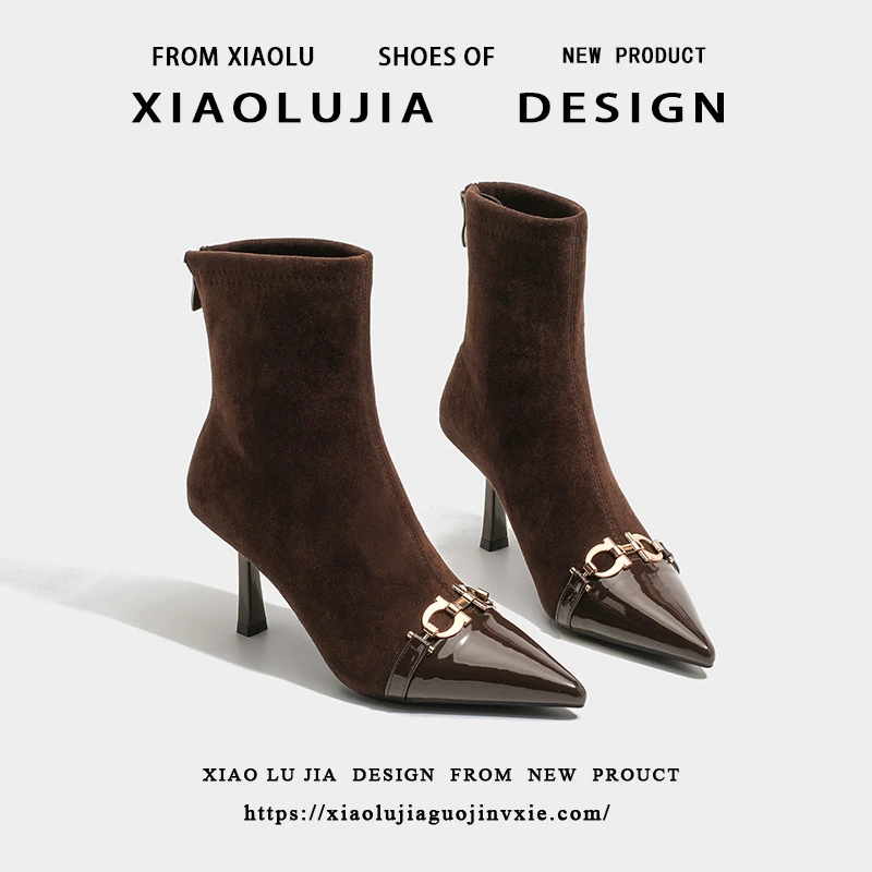 真皮欧美复古高跟短靴女2025秋冬新款设计感尖头金属弹力瘦瘦靴子