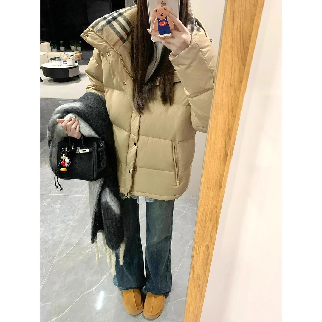 咖色拼接格子立领羽绒棉服女冬季新款宽松加厚保暖棉衣短款面包服