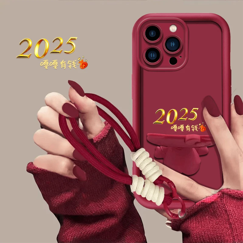 适用于【苹果12pro】2025嘎嘎有钱新年猫咪支架手机壳创意防摔女款