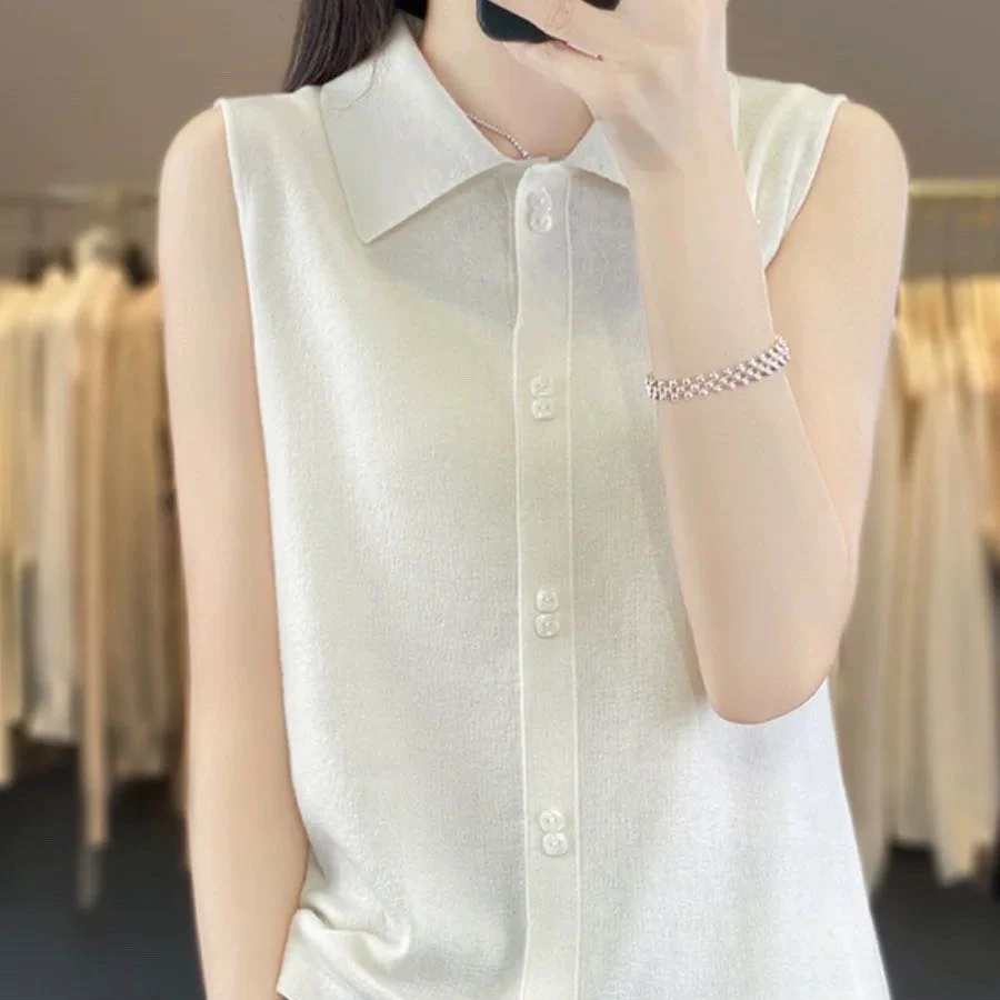 17 衬领针织背心女美利奴羊毛无袖打底衫马甲叠穿内搭无袖衬衫