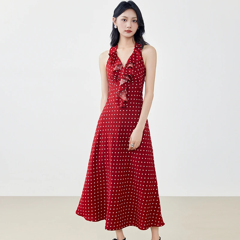 爱客2025夏季法式复古V领红色波点挂脖绑带连衣裙RL25216L008