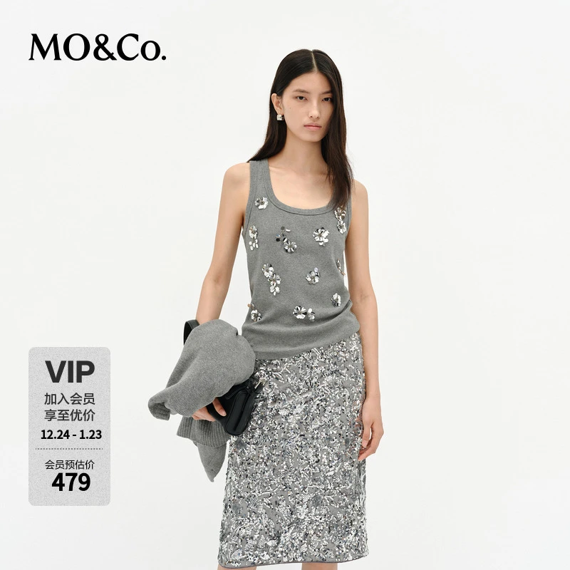 MOCO背心2025春新品全手工络花简法深U领弹力棉上衣MBE1VET014