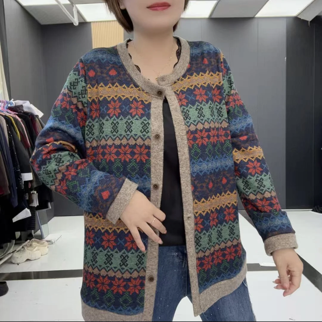 8105梵#大码时尚圆领落肩长袖保暖短外套气质网红复古开衫