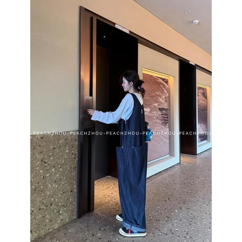 『PEACHZHOU』日系工装标签薄软棉布宽松背带裤松弛慵懒阔腿连体裤