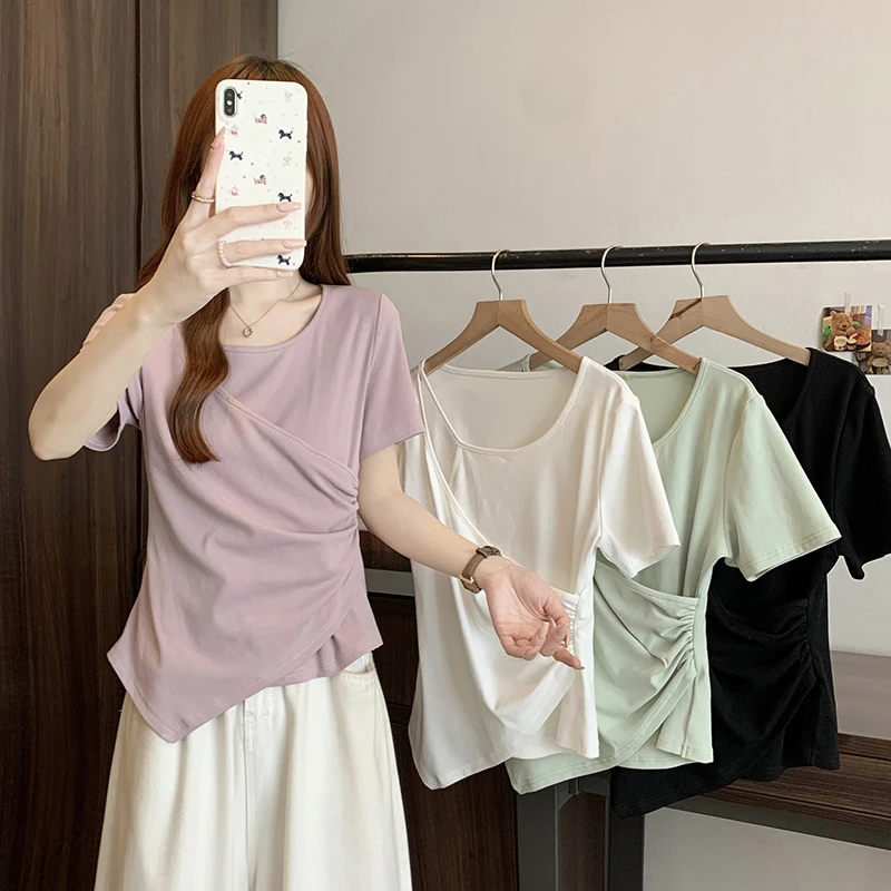 微胖大码女装夏新不规则洋气衣服女胖MM遮肚收腰显瘦设计时尚T恤