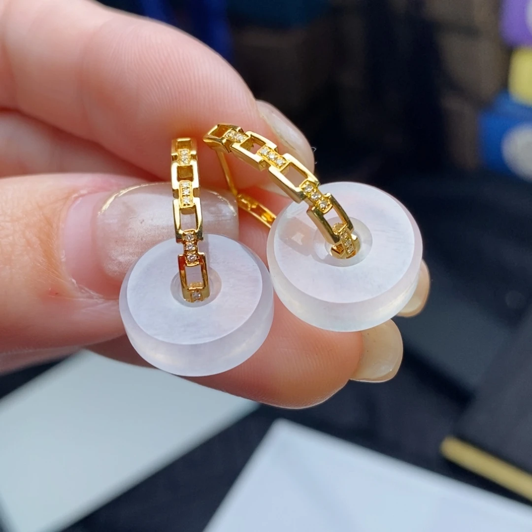 翡翠18K金镶嵌耳饰高冰路路通