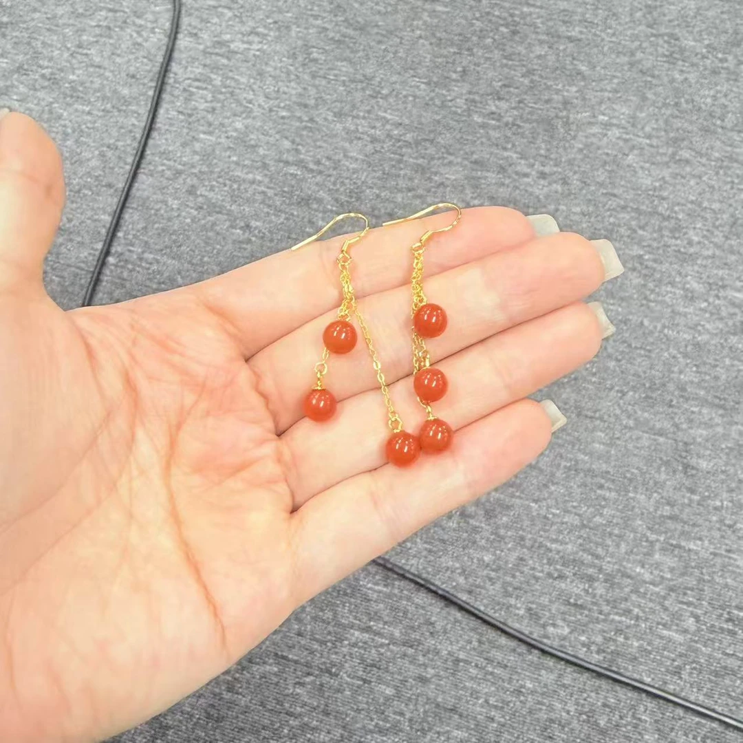 【睿泽赏宝】S925南红圆珠流苏耳钩 多样性/有瑕 6mm KT0240015