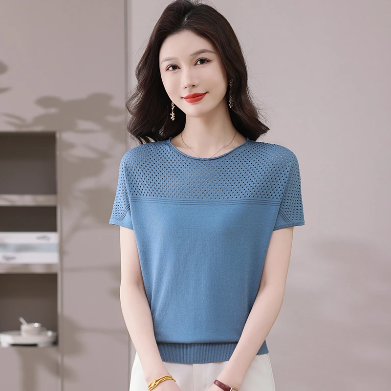 夏装新款纯色100%天丝t恤女镂空时尚洋气宽松显瘦短袖小衫