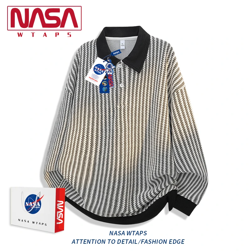 NASA WTAPS复古条纹卫衣男士秋季潮牌高街翻领宽松百搭上衣男外套