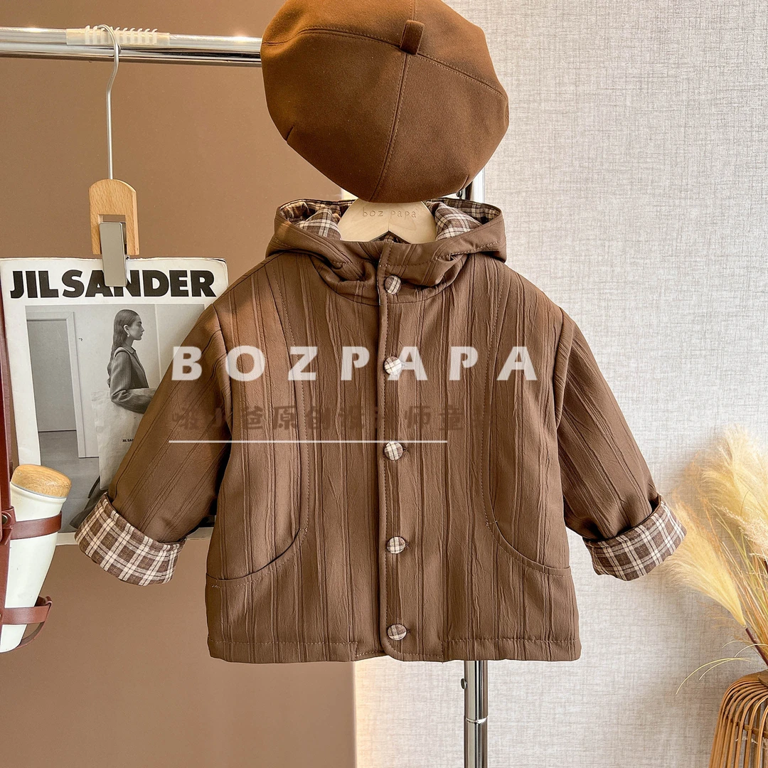 啵小爸【曼城旧事】2025年冬季新款男童袖口拼格子连帽夹棉外套