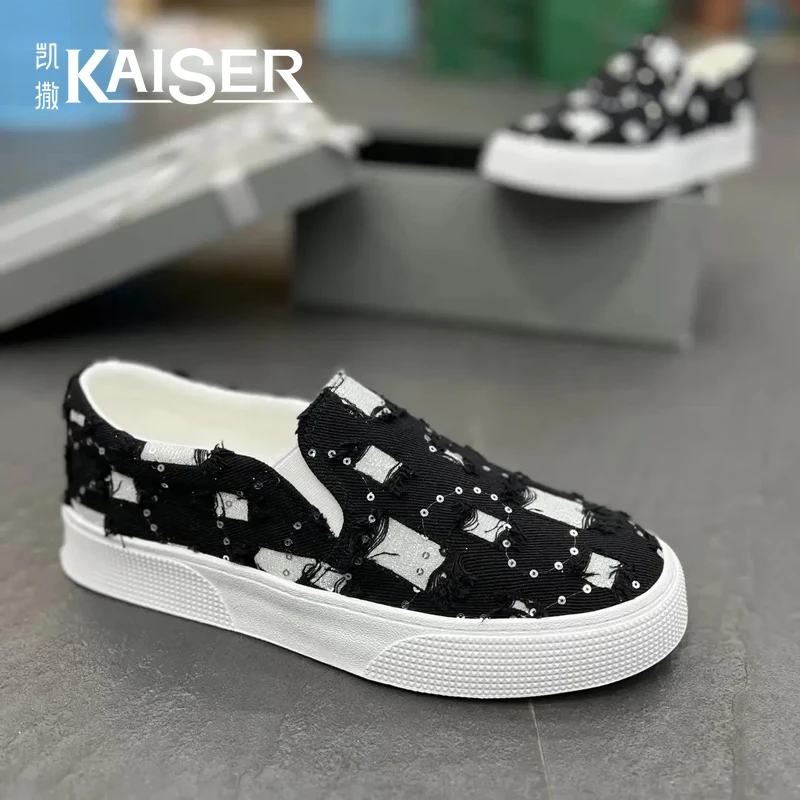 凯撒一脚蹬新款男鞋透气布面破洞亮片帆布鞋男士防滑软底运动鞋子