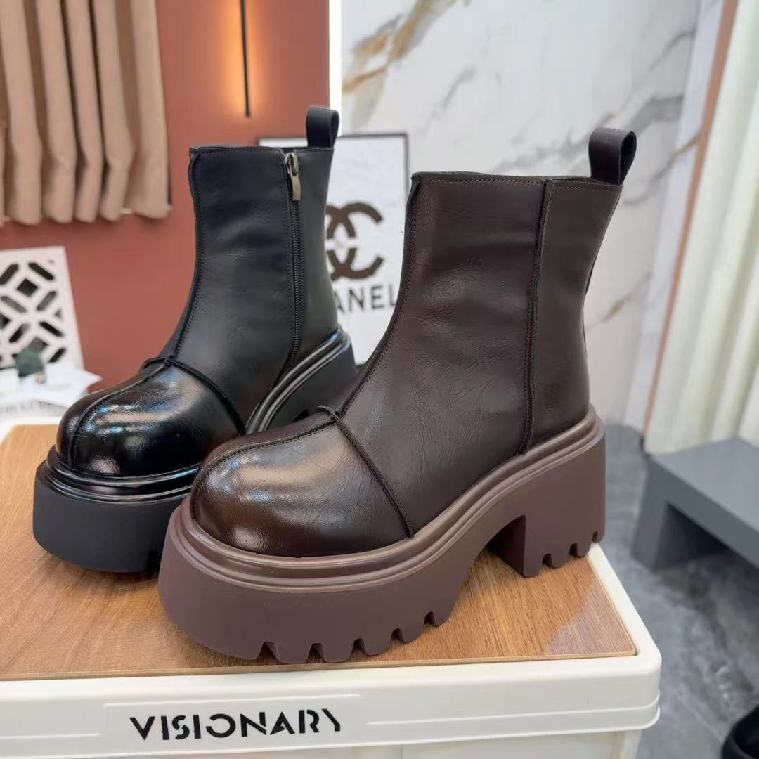 欧洲站厚底马丁靴女新款冬英伦风短靴小个子高跟加绒裸靴9776-8