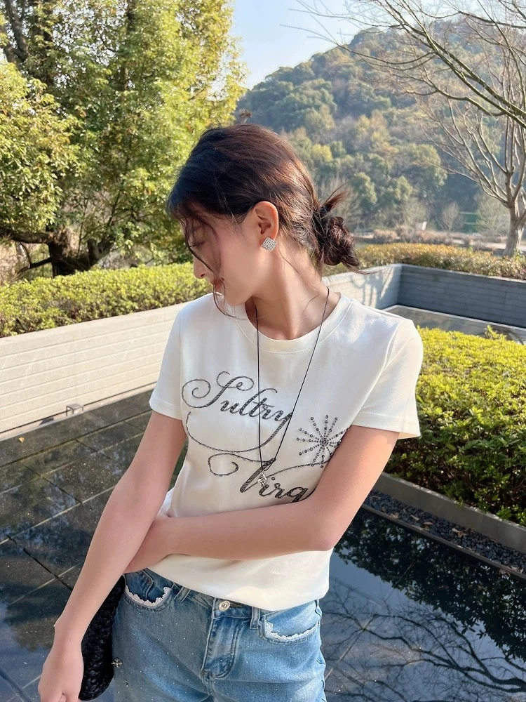 29492四色钉珠印花短袖上衣T恤