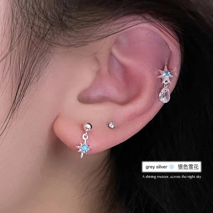 铜合金锆石耳饰 925银针星芒泪滴耳钉女小众耳骨钉耳坠耳环耳饰