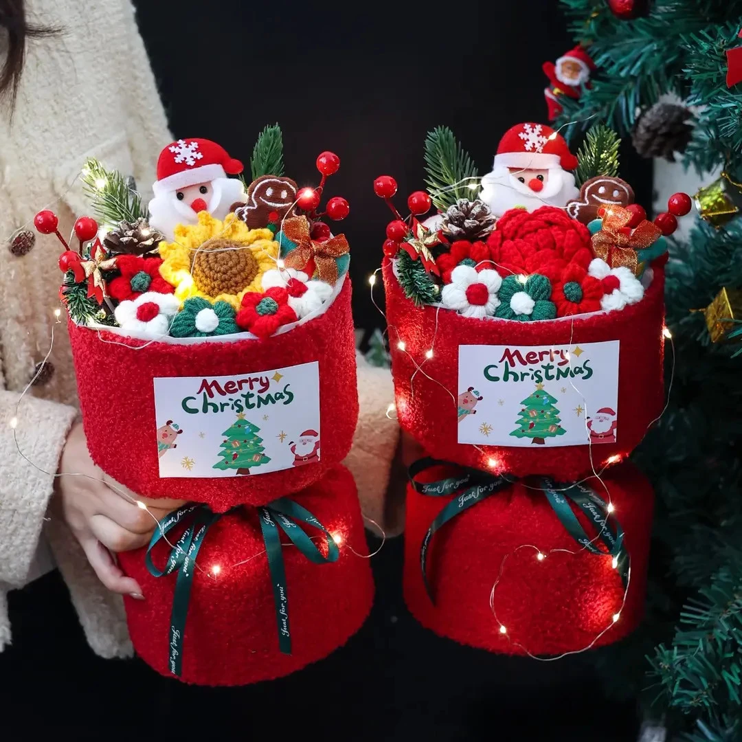 圣诞节礼物针织毛线花向日葵玫瑰花送朋友闺蜜平安夜圣诞老人花束