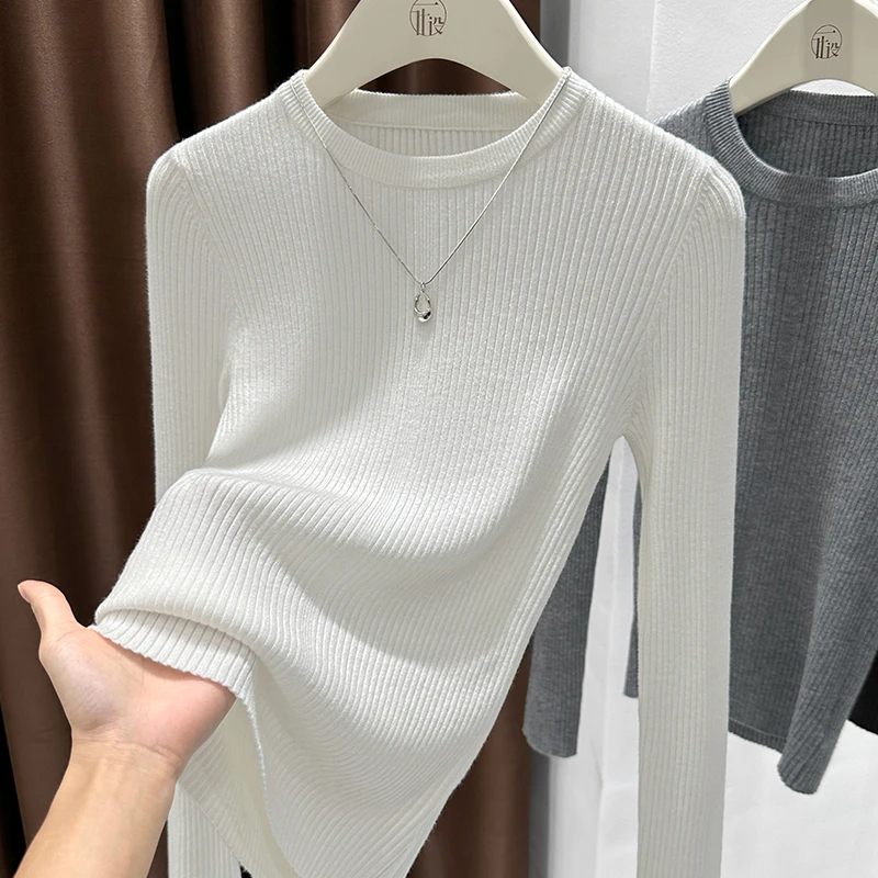 白色别致小圆领套头针织衫上衣女2025秋季时尚感内搭长袖打底小衫