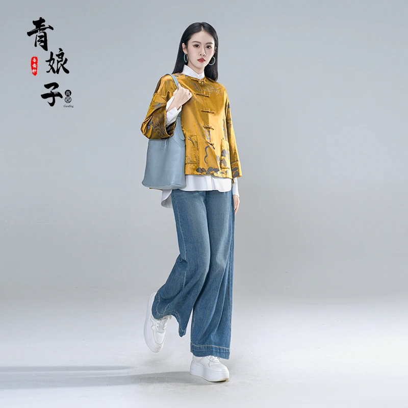 青娘子（柔雅）黄色复古凤凰提花外套中式轻国风盘扣宽松上衣-61431