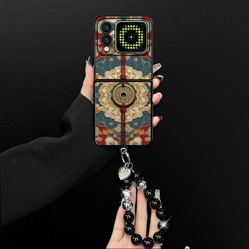 适用华为novaflip手机壳招财铜币小羊皮折叠壳全包简约保护套