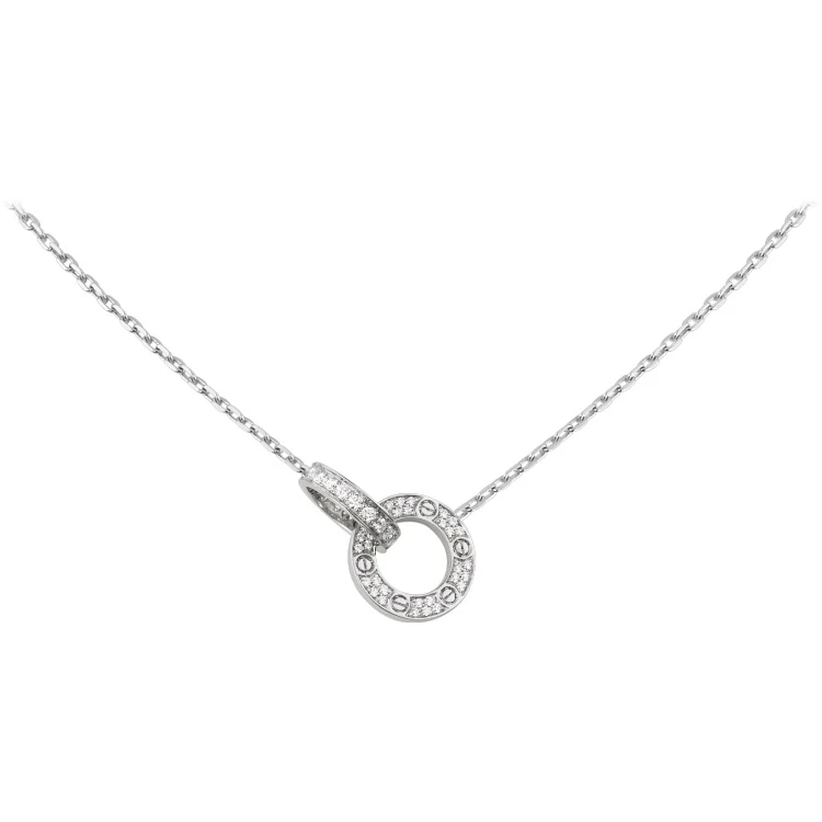 99新 Cartier/卡地亚  LOVE系列白金色双环满钻圆饼项链