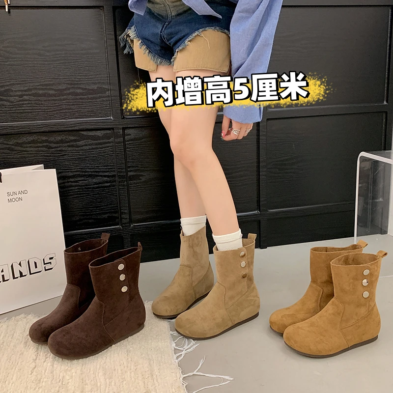 复古内增高5cm秋冬圆头短靴女2025年新款软底博肯两穿靴子马丁靴