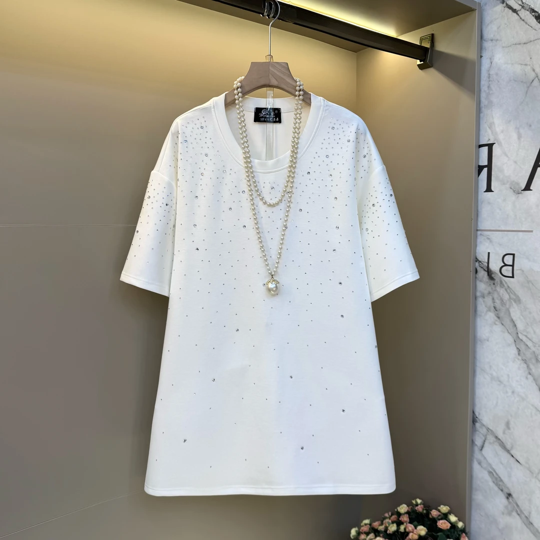 夏季休闲遮肉重工烫钻工艺圆领T恤胖MM时尚百搭半袖上衣85171