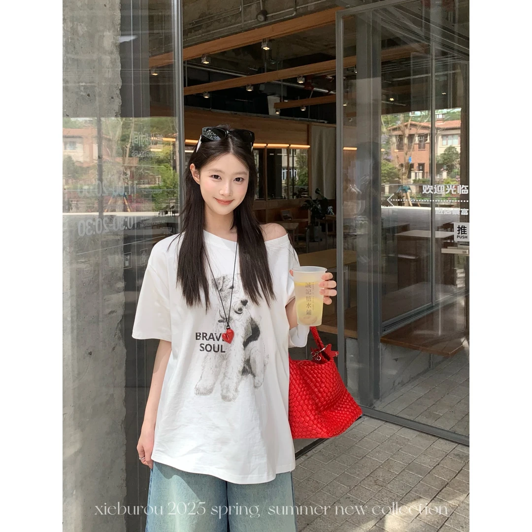 现货【谢不肉】小狗短袖百棉宽松斜肩慵懒风显瘦休闲T恤上衣5640